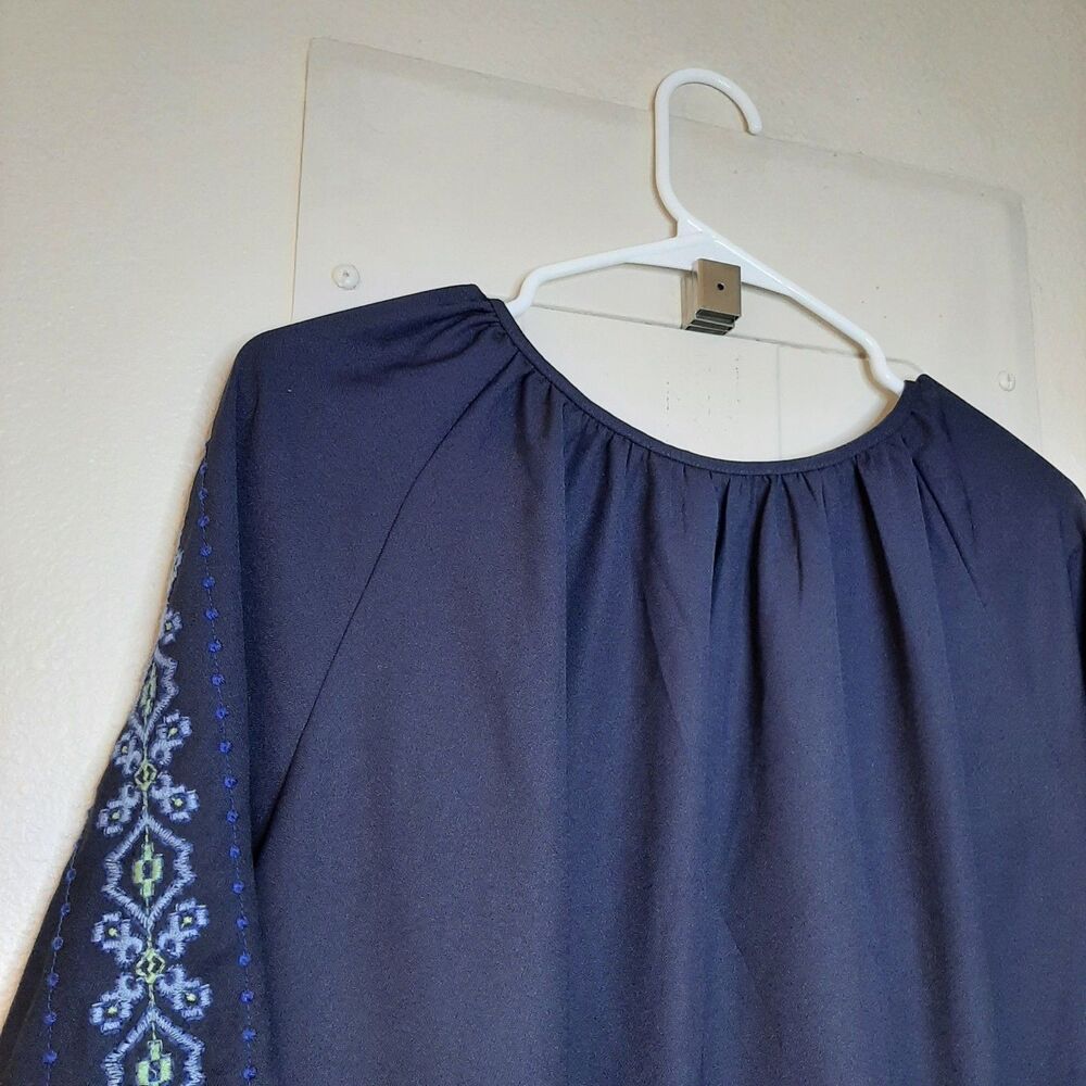 GAP Blouse Navy Blue Women Size XXL Peasant Embroidered Split Neck Long Sleeve - Picture 10 of 10
